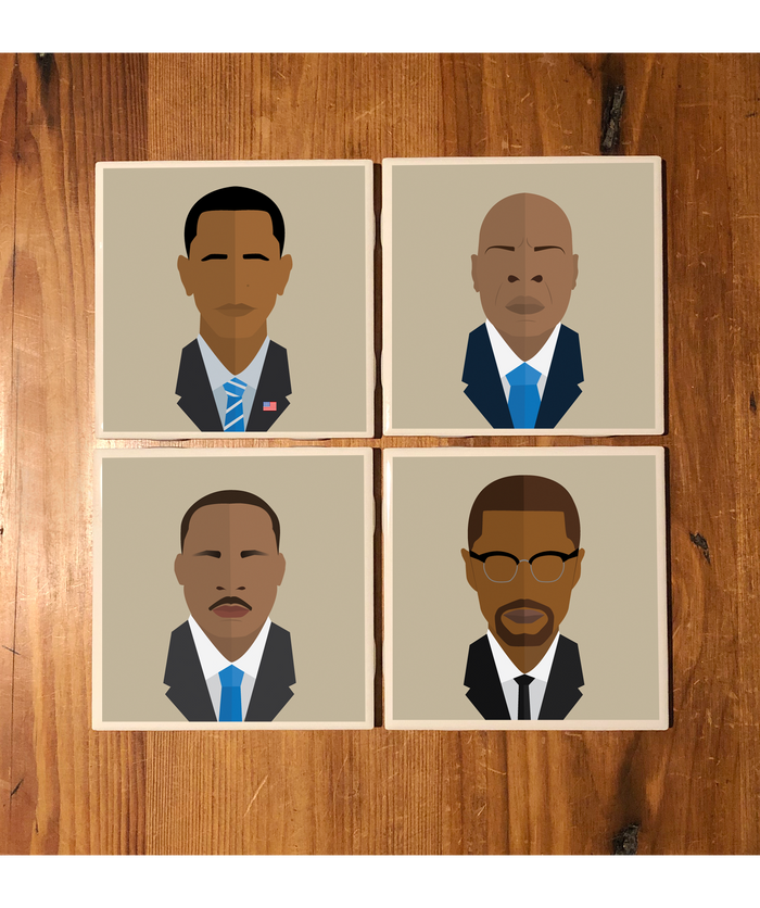 Black Male History Makers Icon Ceramic Coasters (Barack Obama, Martin Luther King Jr, Malcolm X and John Lewis)